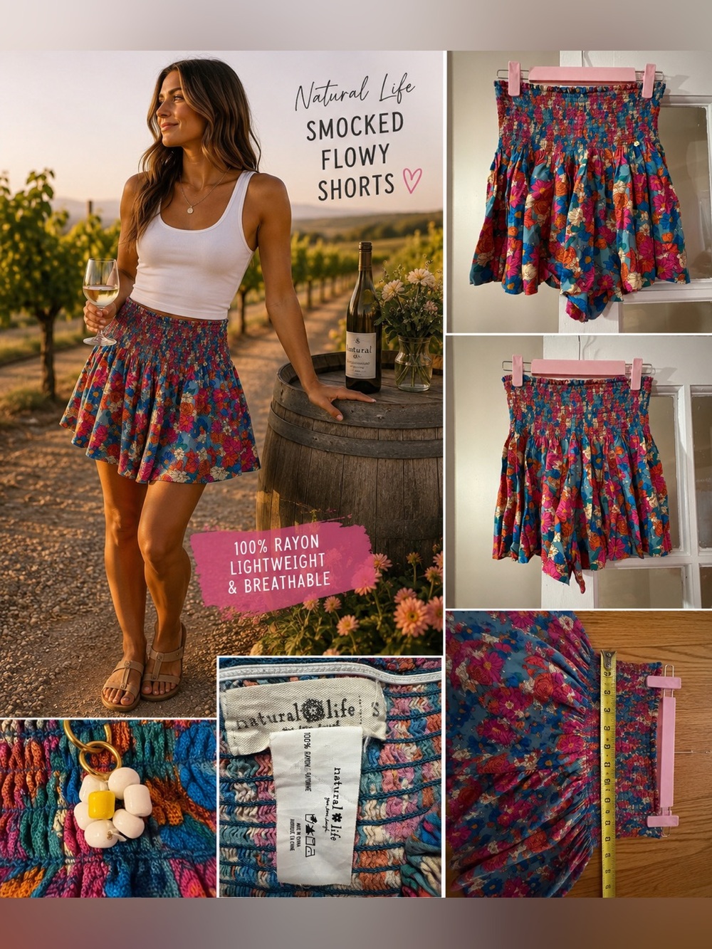 NATURAL LIFE Floral Smocked Flowy Shorts — Blue, Pink & Orange